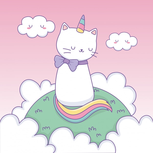 Leuke kat met regenboogstaart in het karakter van kampkawaii