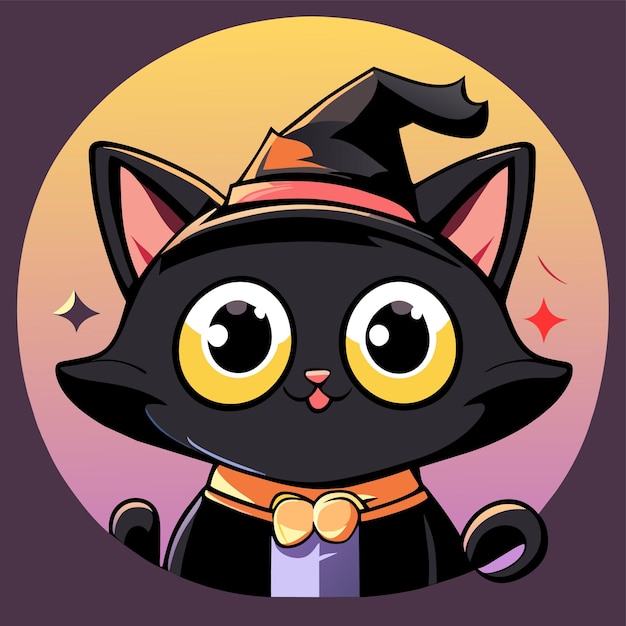 Leuke katte tekening met heksen hoed met de hand getekende cartoon sticker icoon concept geïsoleerde illustratie