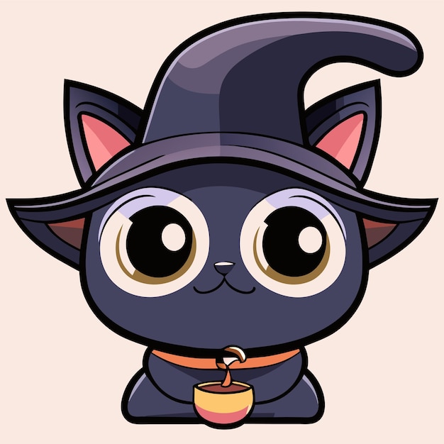 Leuke katte tekening met heksen hoed met de hand getekende cartoon sticker icoon concept geïsoleerde illustratie