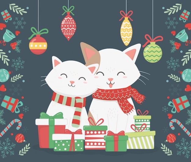 Leuke katten met cadeautjes en hangende ballenillustratie