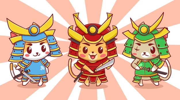 Leuke katten samurai trio cartoon afbeelding