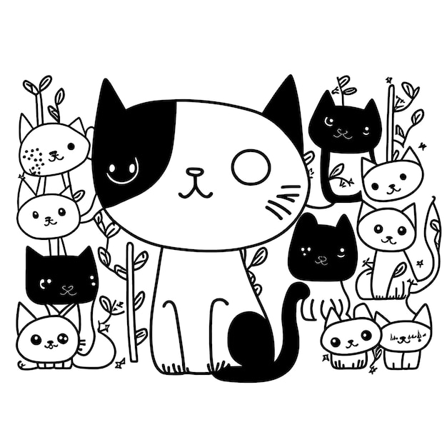 Leuke Katten Zwart-wit kleurpagina's voor kinderen eenvoudige lijnen cartoon stijl gelukkig schattig grappig