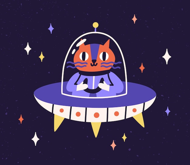 Leuke kattenastronaut die in de ruimte reist in een intergalactisch ruimteschip. Dierlijke kosmonaut in vliegende schotel. Kinderachtig UFO-avontuur in de kosmos. Platte vectorillustratie van grappige kat in het universum