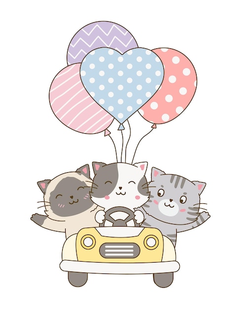 Vector leuke kattengroep die een auto bestuurt met ballonnen doodle tekening cartoon afbeelding