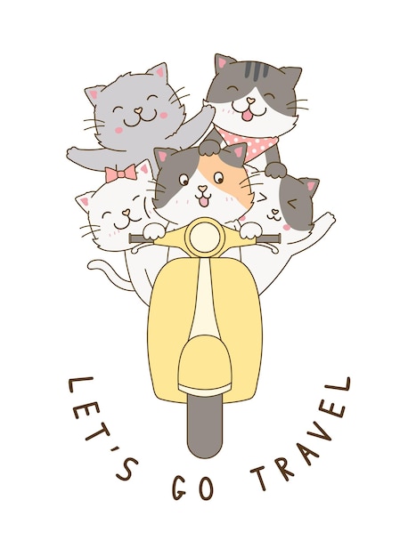 Leuke kattengroep die een scooter bestuurt voor vakantie doodle tekening pastel cartoon illustratie vol4