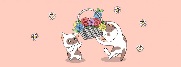 Leuke kattenkarakters houden bloemen in de lentedag