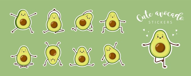 Leuke kawaii avocado stickers Set doodle fruit op groene achtergrond Trendy decor voor notebook of dagboek Handgetekende vectorillustratie in platte cartoonstijl