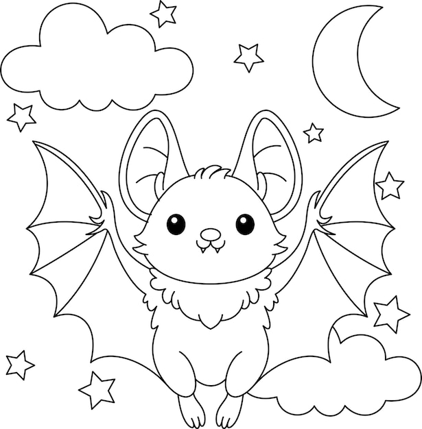 Leuke kawaii cartoon personage vleermuis op de nachtelijke hemel kleurpagina vector drukbare werkbladen