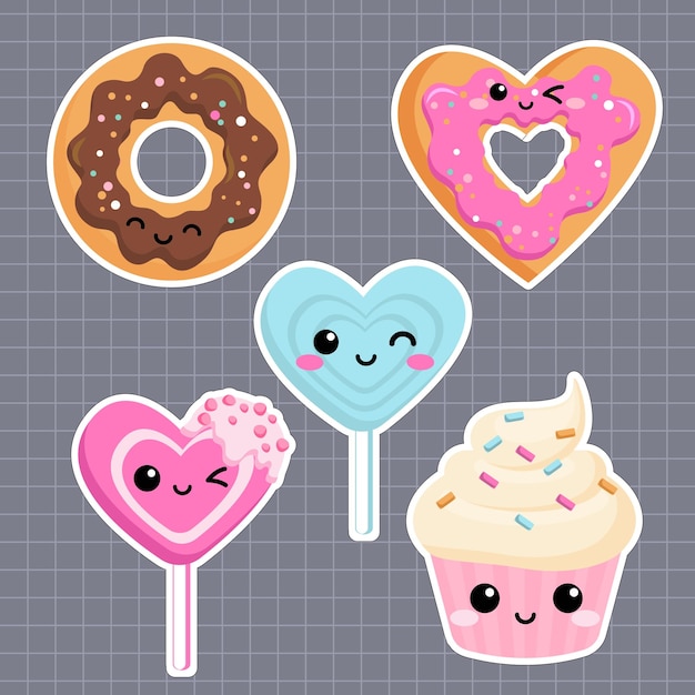 Leuke Kawaii Cupcake Donut Heart Lollipop Vector illustratie