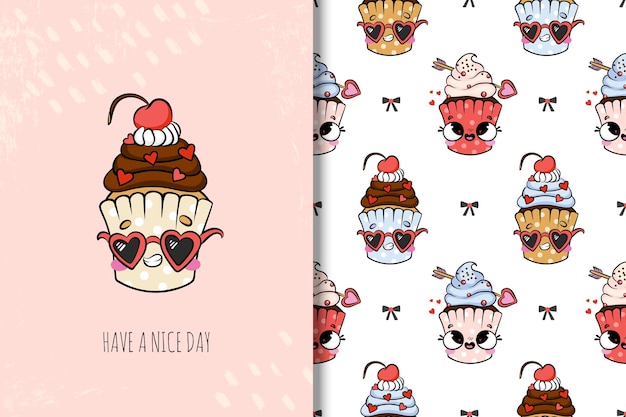 Vector leuke kawaii cupcakes kaart en naadloos patroon