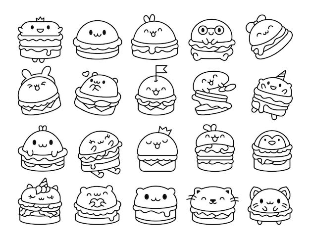 Leuke kawaii dierlijke burger Kleurblad Grappig eten Cartoon cheeseburger.