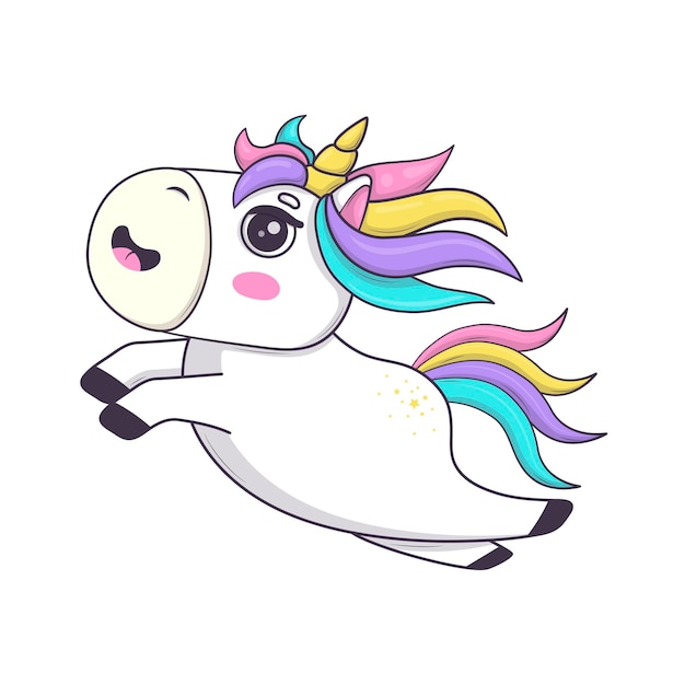 Leuke kawaii eenhoorn met regenboog manen en hoorn anime stijl springen en vliegen