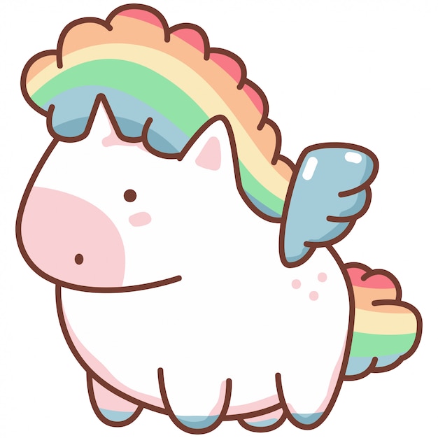 Leuke kawaii eenhoorn met regenbooghaar en engelenvleugels. vector stripfiguur geïsoleerd.