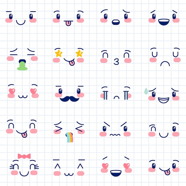 Leuke kawaii emoticons met verschillende uitdrukkingen Vector illustratie