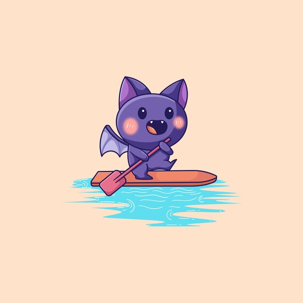 Vector leuke kawaii hawaiiaanse hoary vleermuis die paddleboard speelt