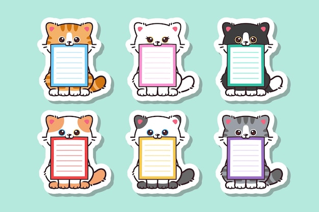 Vector leuke kawaii kat sticker met blanco label naamplaatje cartoon vector set collectie leuke kat vector