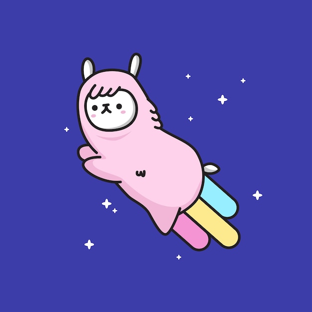 Leuke kawaii lama alpaca lama vliegen in outspace pictogram illustratie