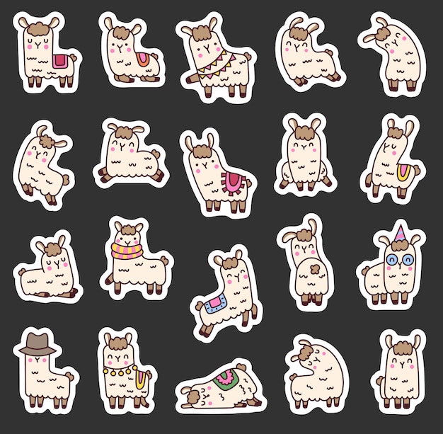 Vector leuke kawaii lama of alpaca sticker bookmark dieren cartoon personage handgetekende stijl