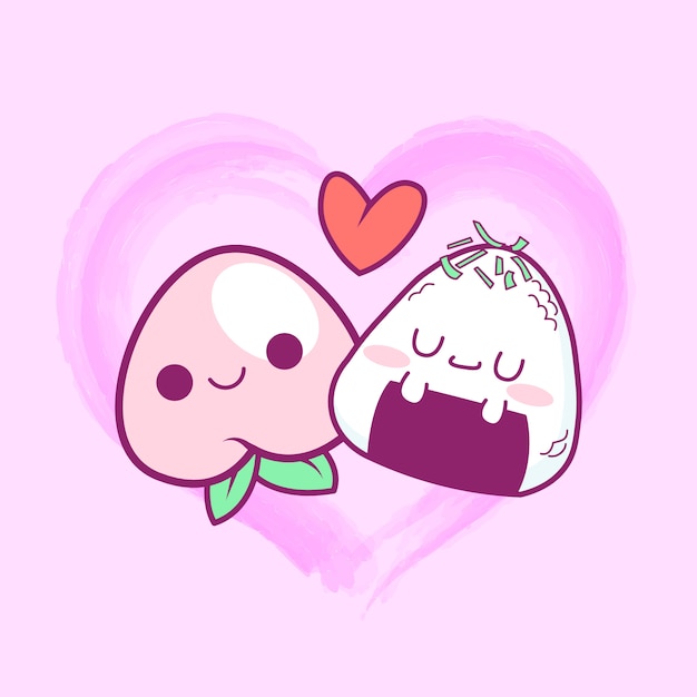 Leuke kawaii-perzik en onigiri in de liefde