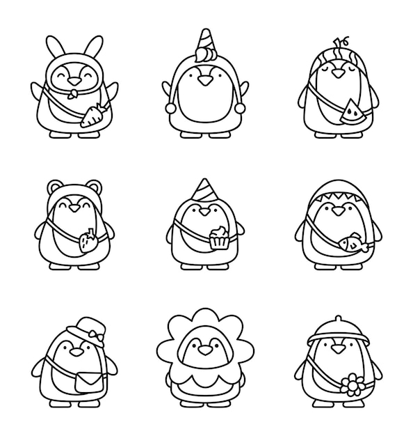 Leuke kawaii pinguïn Kleurblad Cartoon grappige dieren personage Hand getekende stijl