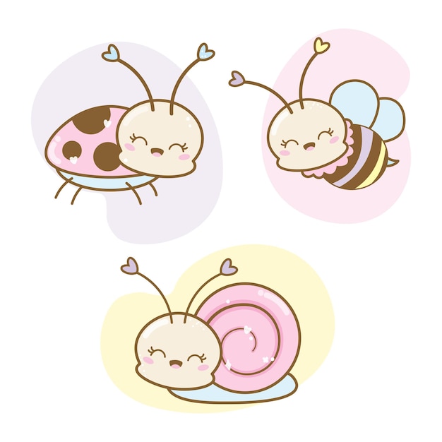 Leuke kawaii tuindieren cartoon, insecten met blij gezicht, betoverde tuin