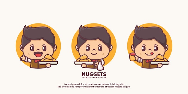Leuke kelner cartoon personage mascotte ontwerp met nuggets