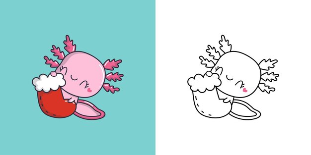 Vector leuke kerst axolotl illustratie en voor het kleuren van pagina cartoon stickers nieuwjaarsalamander