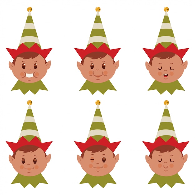 Leuke kerst elf gezicht, cartoon platte set van Santa helper hoofd met verschillende grappige emoties.