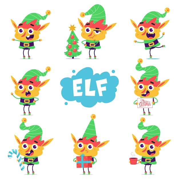 Vector leuke kerst elf stripfiguren instellen