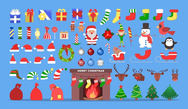 Leuke kerst icon set. collectie nieuwjaarsdecoratie spullen met snoep en boom, cadeau en snoep. vrolijk kerstmisconcept. santa claus in rode kleding. illustratie