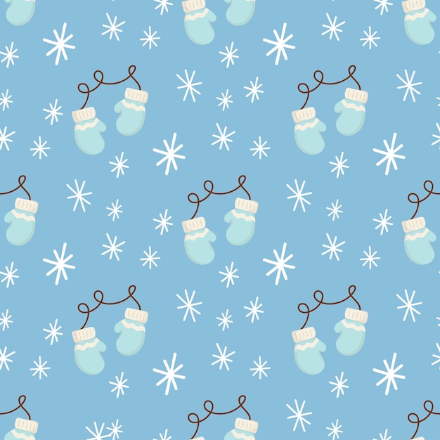 Leuke kerst naadloze patroon met kerst wanten en sneeuwvlokken Hand getrokken vectorillustratie