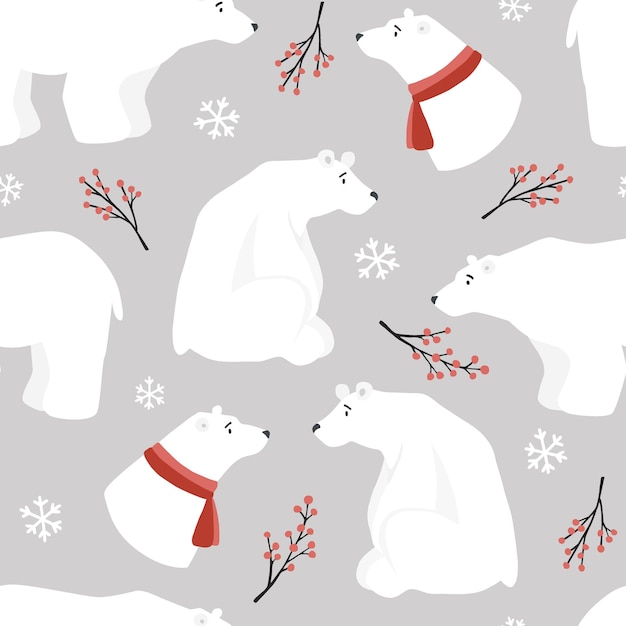 Leuke kerst naadloze patroon witte polar bearsred sjaals holly bessen en vallende sneeuwvlokken Hand getekende kinderen Noordse ontwerp Scandinavische winter vector afbeelding achtergrond