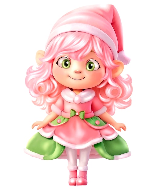 Leuke kerst roze elf 3d stripfiguur geïsoleerde kunst png