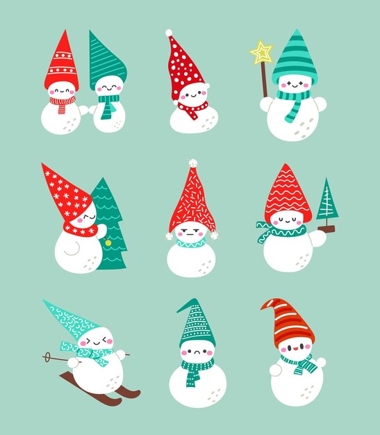 Leuke kerst sneeuwman Vreugdevol personage in verschillende sjaals en hoeden Vector tekening