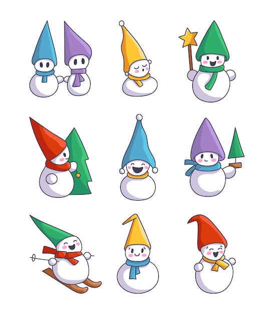 Leuke kerst sneeuwman Vreugdevol personage in verschillende sjaals en hoeden Vector tekening