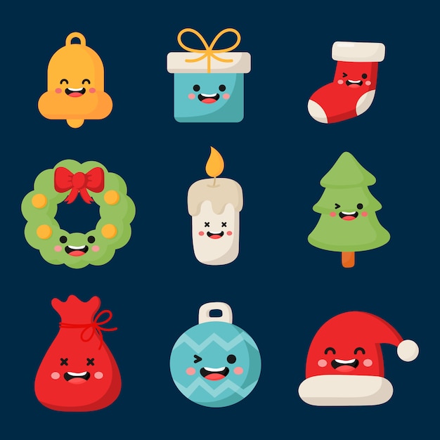 leuke kerst tekens platte icon set geïsoleerd op blauw