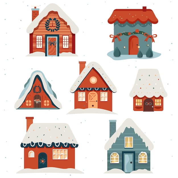 Vector leuke kersthuizen in cartoon-stijl set hand getrokken huizen scandi kerst illustratie