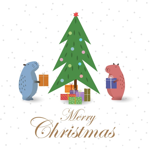 Leuke kerstkaart met capybara boom en geschenken.