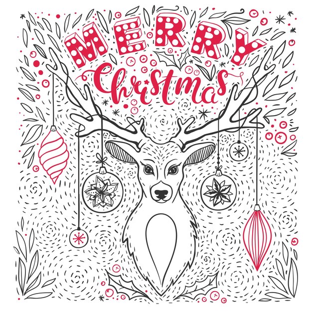 Leuke kerstkaart met herten en handgetekende letters Vector Merry Christmas card