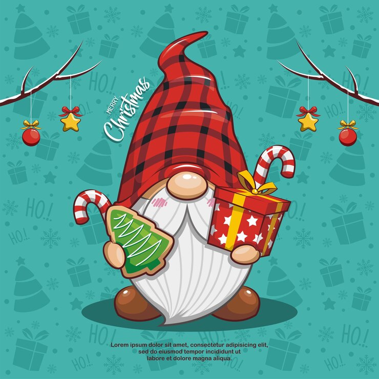 Vector leuke kerstkabouter met geschenkdoos, snoepgoed en peperkoekkoekjes op naadloze achtergrond