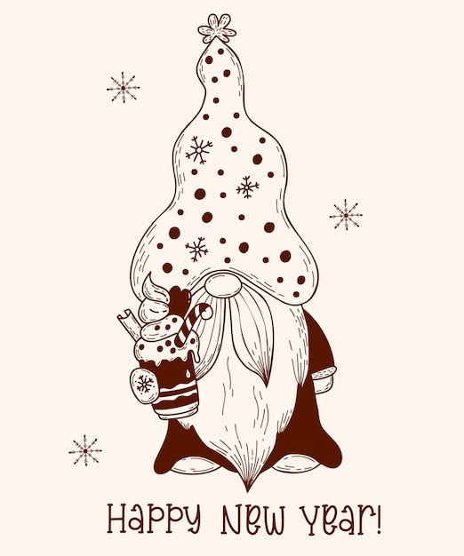 Leuke kerstkabouters met kopje romig dessert in doodle-stijl Ansichtkaart Gelukkig Nieuwjaar