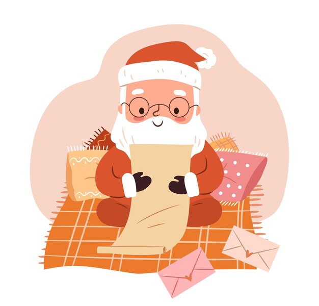 Leuke kerstman die kerstbrieven leest Claus zittend op deken met kussens die de post van kinderen lezen