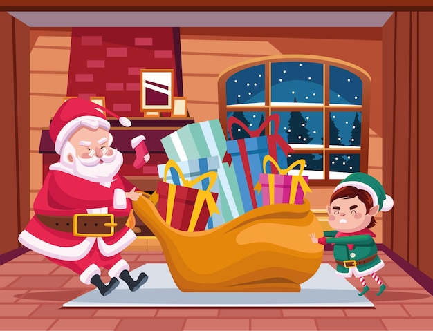 Leuke kerstman en helper met geschenken tas tekens scène illustratie