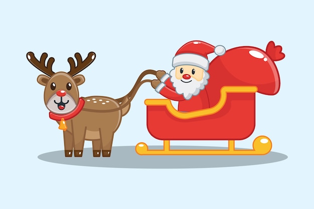 Leuke kerstman en rendieren met slee. kerst illustratie