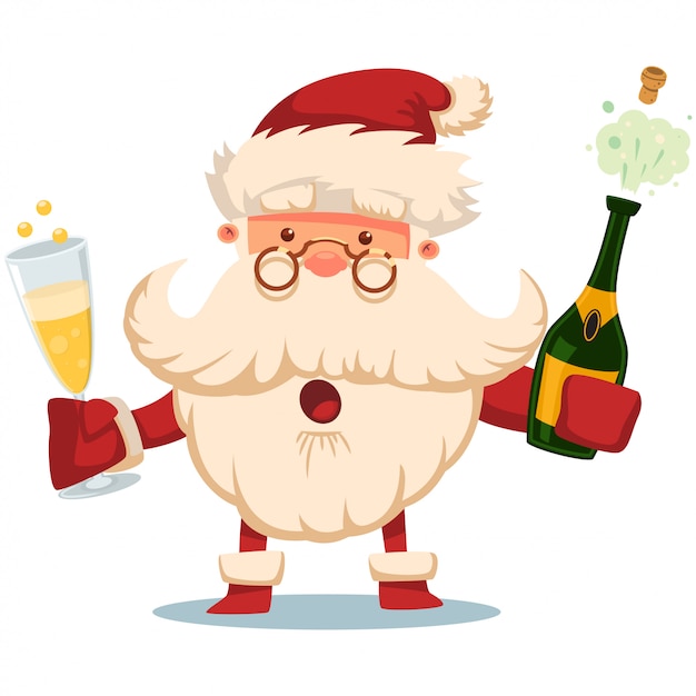 Leuke kerstman met champagne fles en glas stripfiguur geïsoleerd op wit.