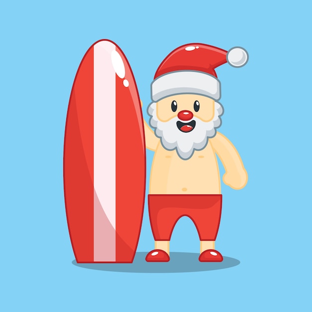 Leuke kerstman met surfboard. kerst illustratie