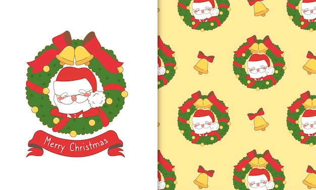 Leuke kerstman op kerstkrans doodle naadloze patroon Kerstkaart en behang