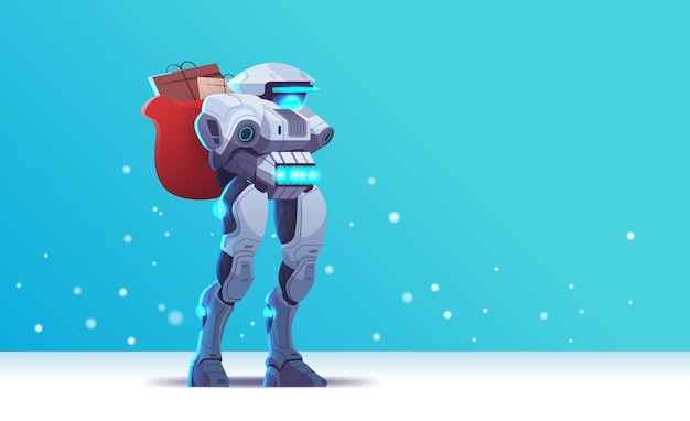 Leuke kerstman robot cyborg met een zak vol geschenken moderne robot personage staande pose kunstmatige intelligentie technologie concept