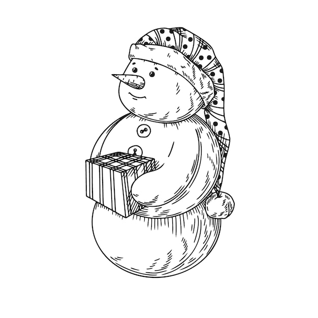 Leuke kerstsneeuwman met een cadeau in doodle-stijl. vector illustratie.