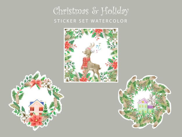 leuke kersttafereel met winterstad en karakters aquarel sticker set